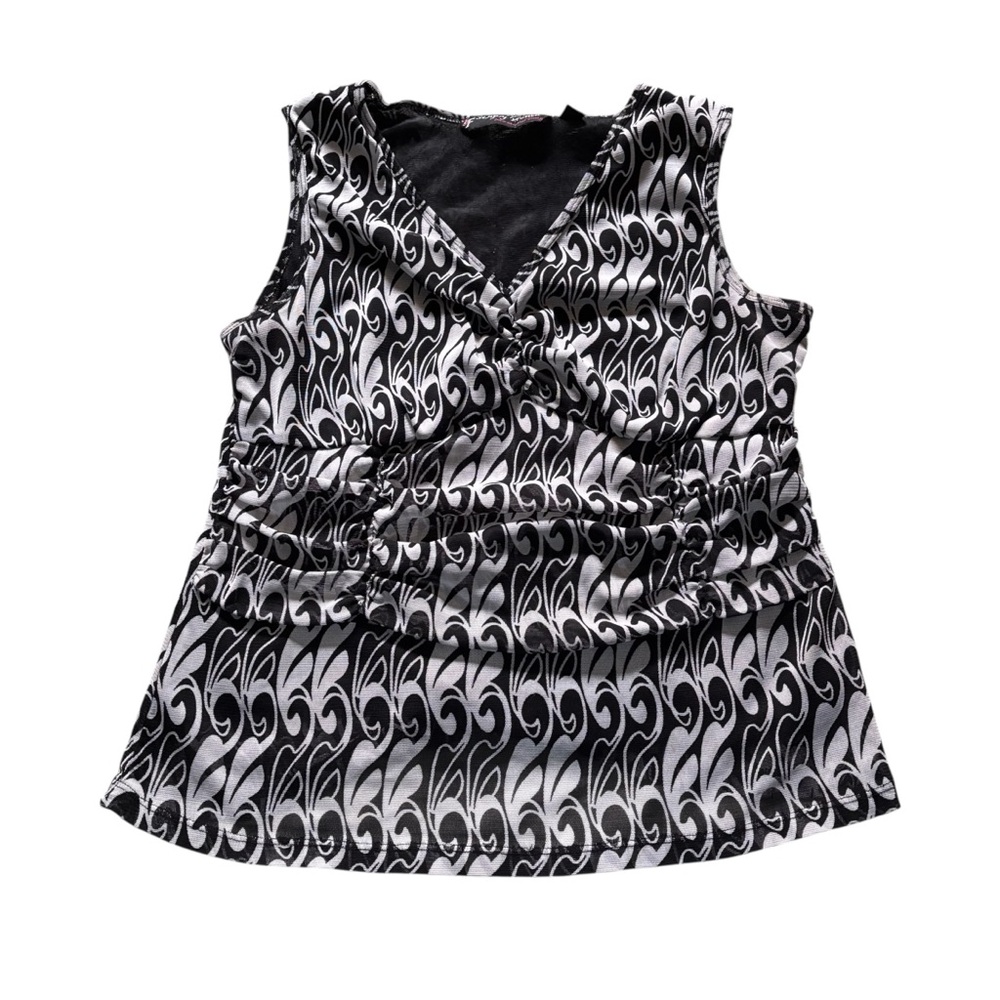 Black and White Ruched Blouse with Abstract Print